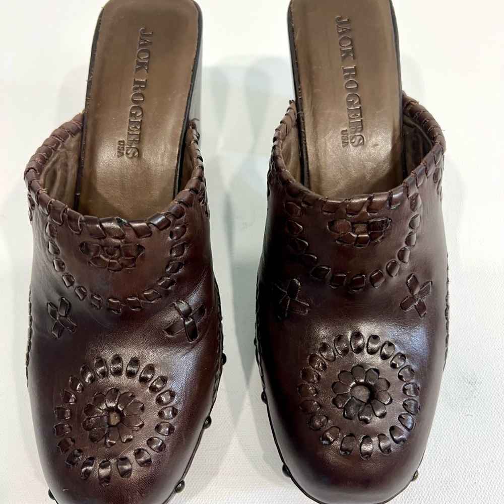 Jack Rogers Dark Brown Leather Stacked Wooden Heel Clogs